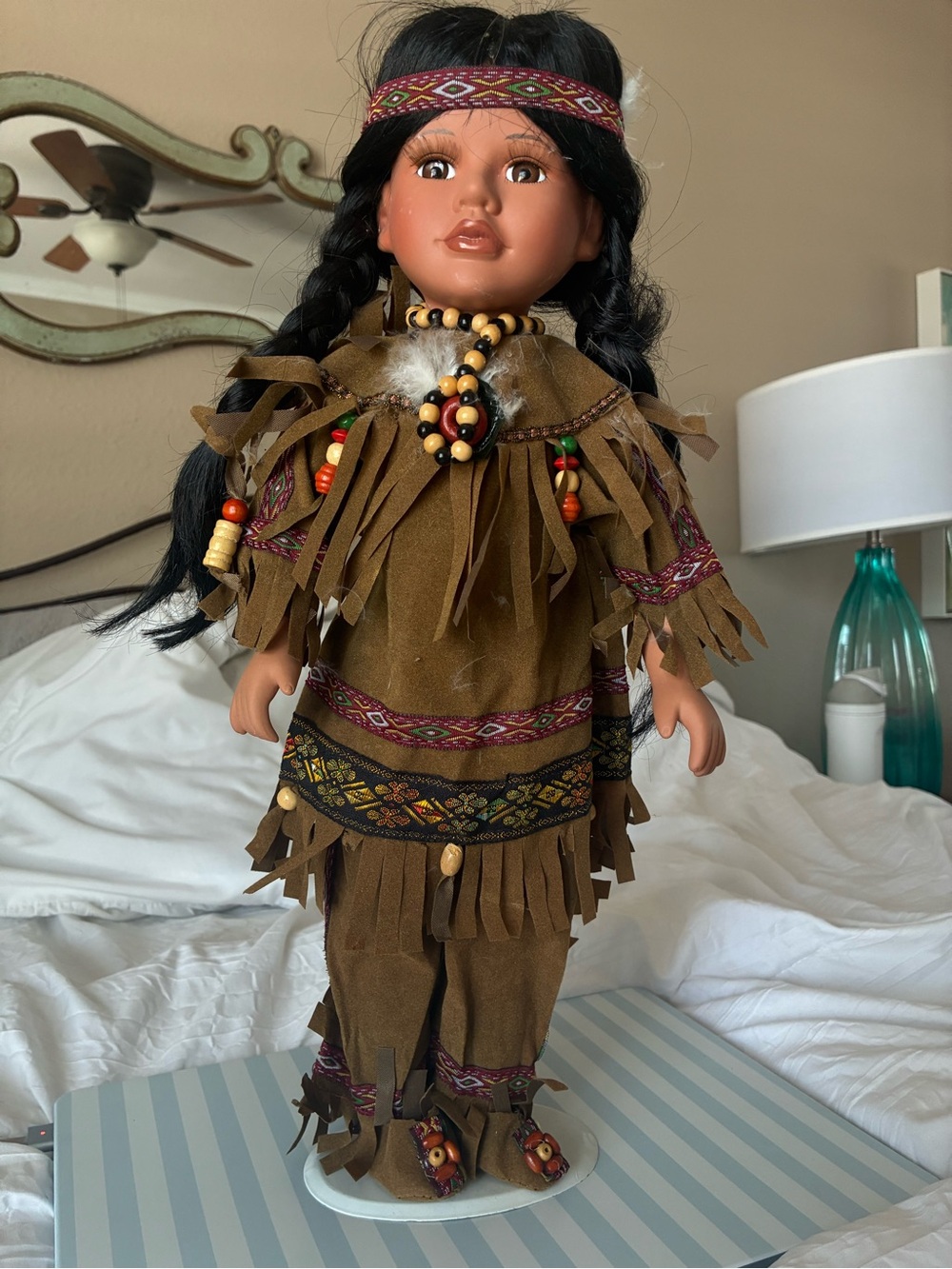 Brown Native-Style Fringed Doll with Beaded Accessories
